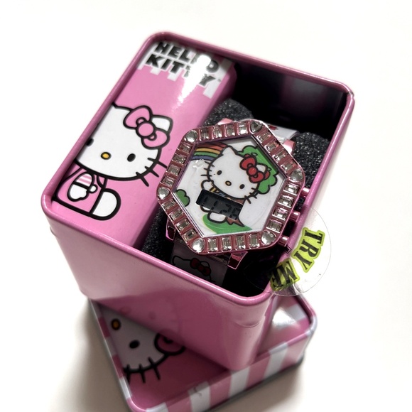 Hello Kitty Sanrio Digital Watch in Gift Tin Box Pink Rhinestone LCD Display NWT - Picture 1 of 4